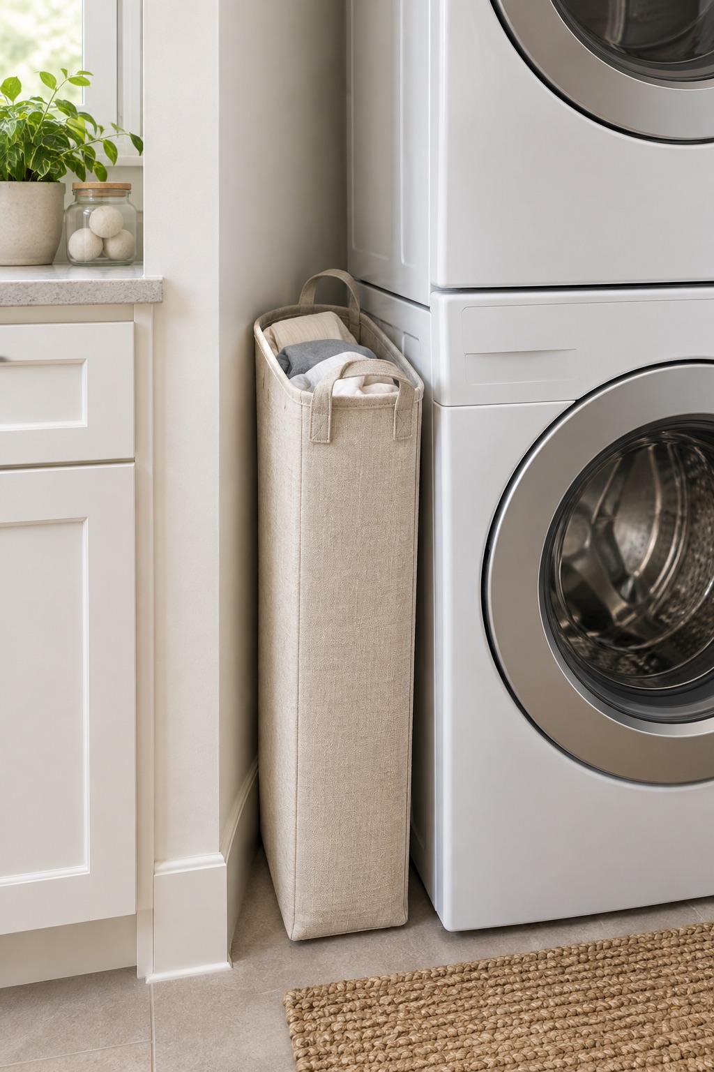 Narrow beige laundry basket fitted beside a stacked washer and dryer