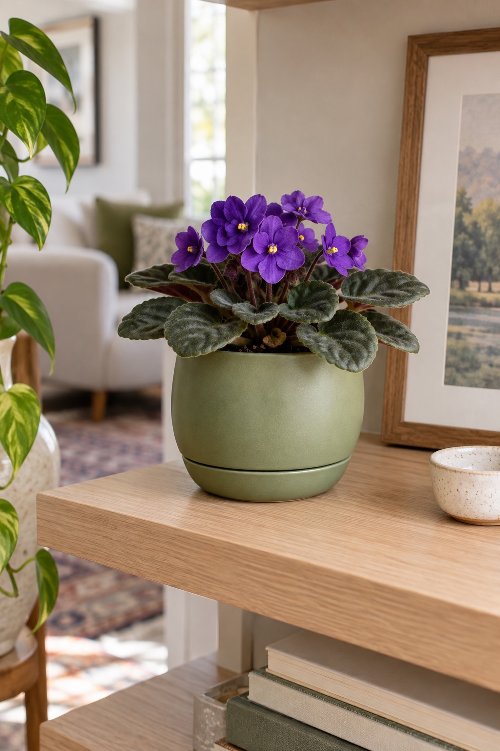 11 Self-Watering Planters for Indoor Herbs and Thirsty Houseplants African violet in a small round self-watering planter on a wood shelf