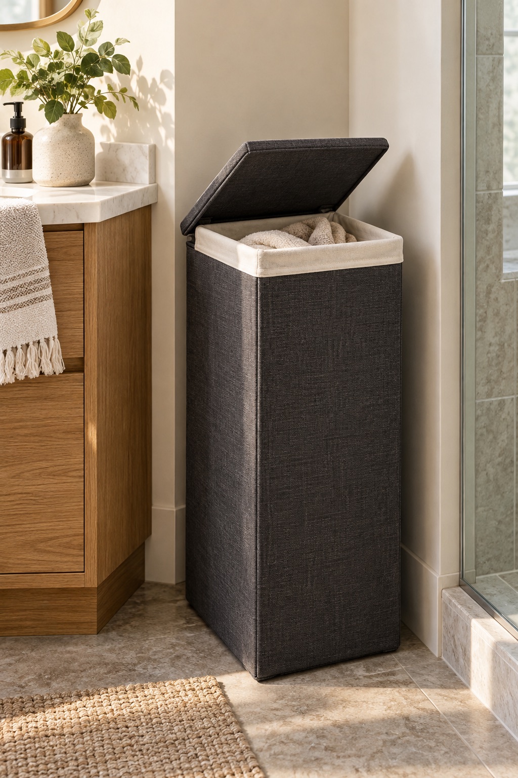 Tall structured charcoal laundry hamper with removable liner