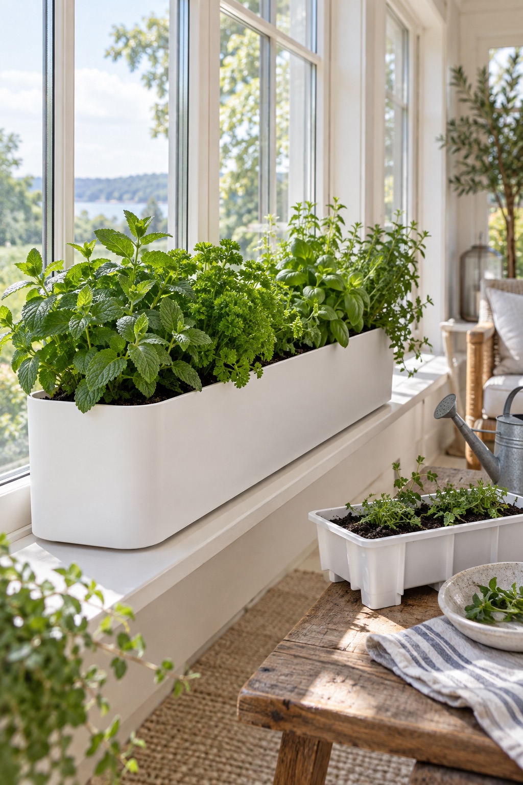 11 Self-Watering Planters for Indoor Herbs and Thirsty Houseplants Long white self-watering planter filled with mint, parsley, and basil by a sunroom window
