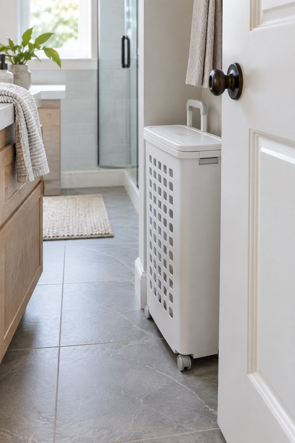 Slim white rolling plastic laundry basket behind a bathroom door