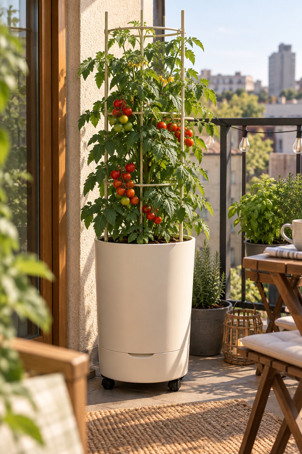 11 Self-Watering Planters for Indoor Herbs and Thirsty Houseplants Tall cream self-watering tomato planter with trellis on a compact city balcony