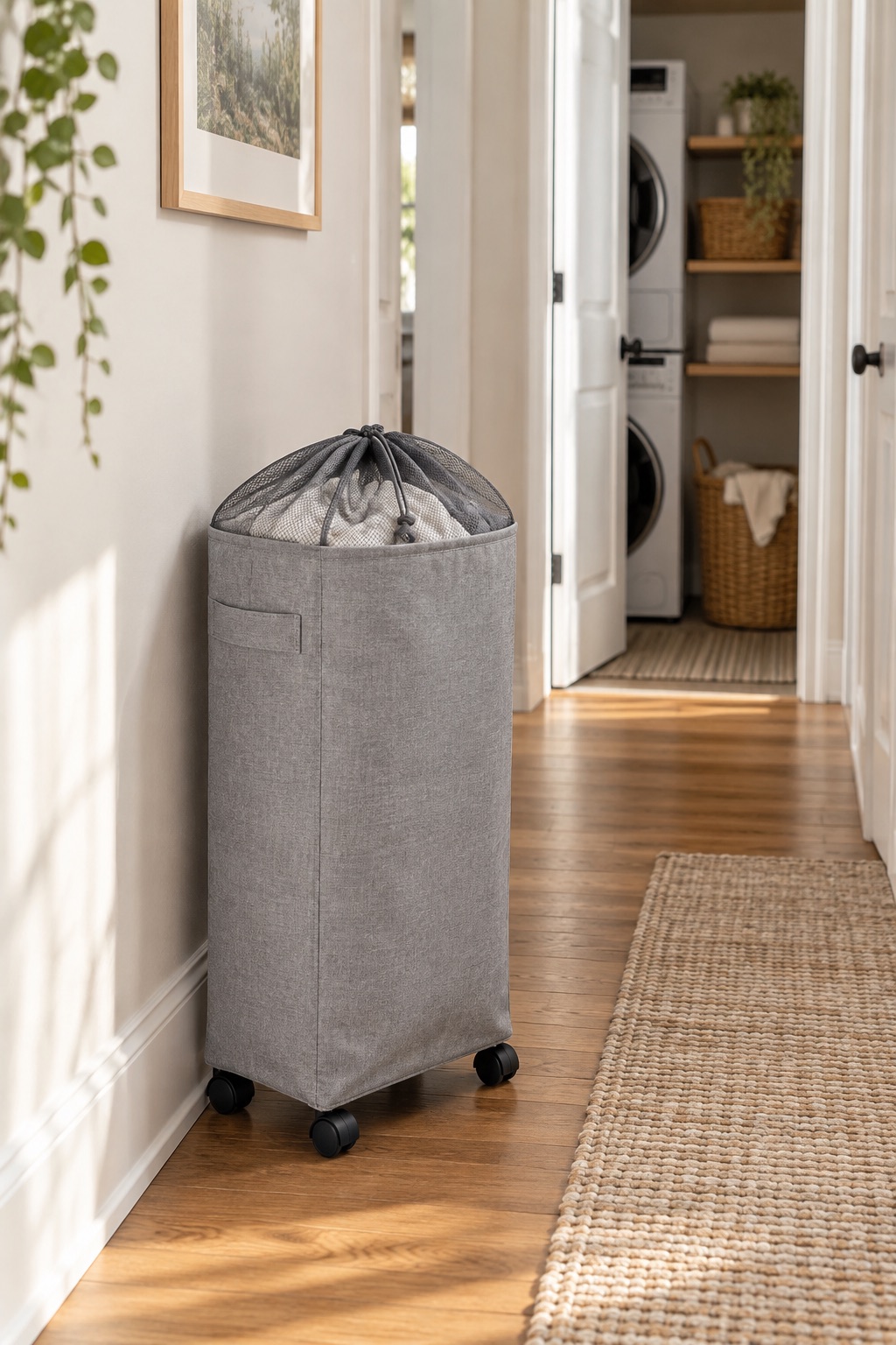Gray wheeled fabric hamper with mesh drawstring top in a narrow hallway