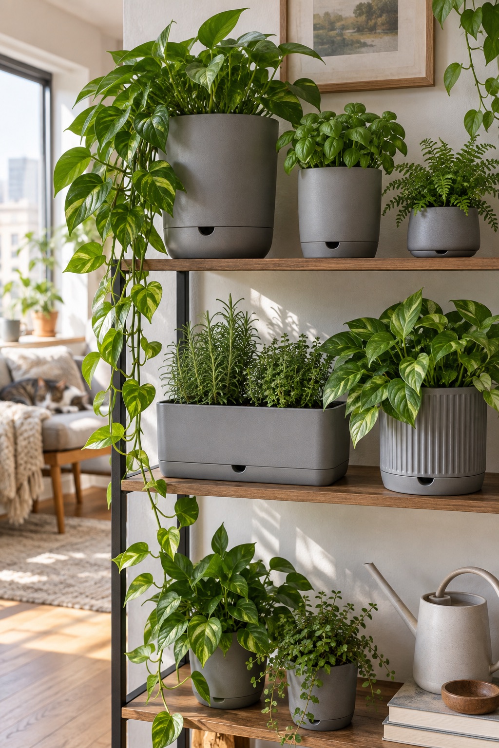 11 Self-Watering Planters for Indoor Herbs and Thirsty Houseplants Mixed-size gray self-watering planters with pothos, herbs, and ferns on an apartment shelf