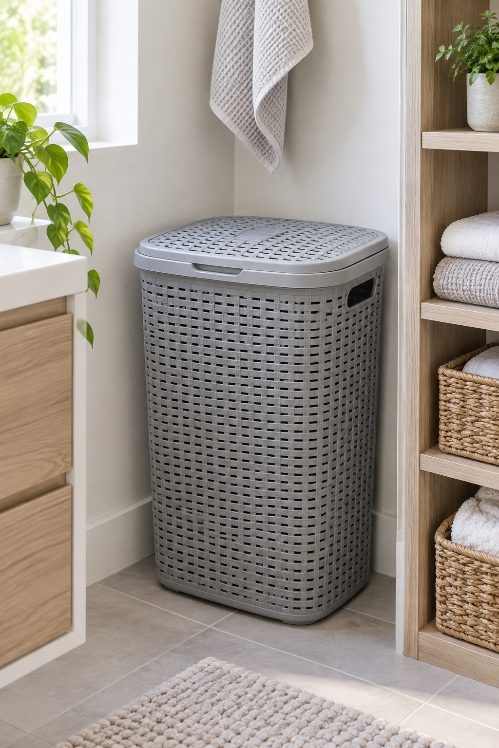 Ventilated gray plastic laundry hamper with hinged lid