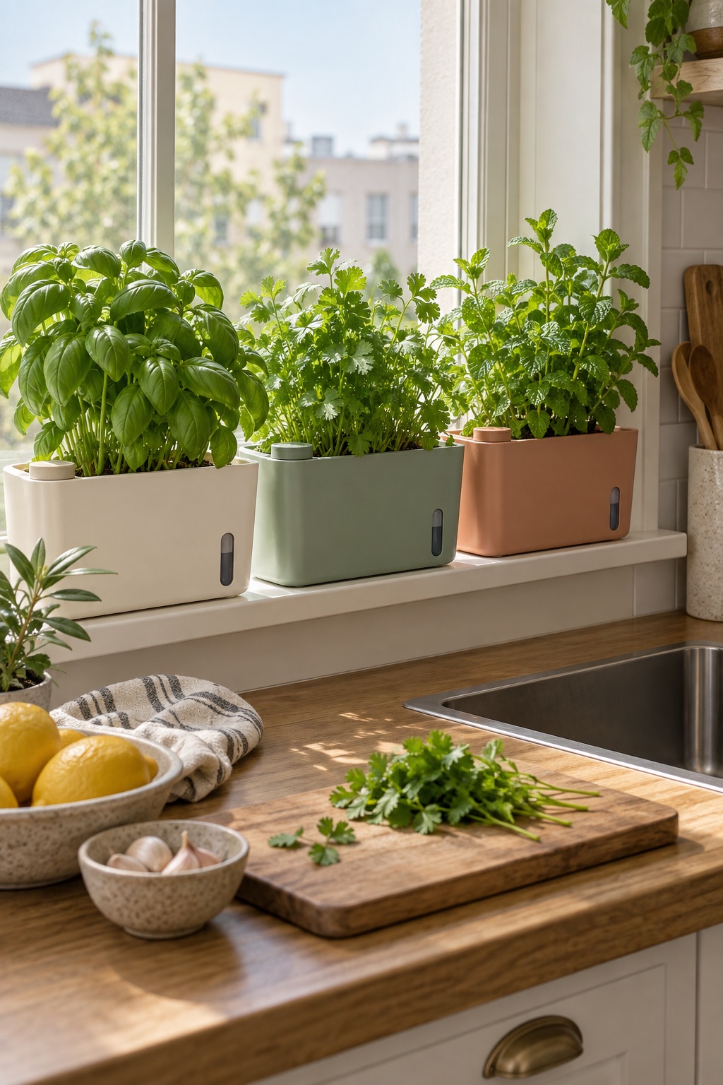 11 Self-Watering Planters for Indoor Herbs and Thirsty Houseplants Three rectangular self-watering herb planters with water-level windows in a kitchen