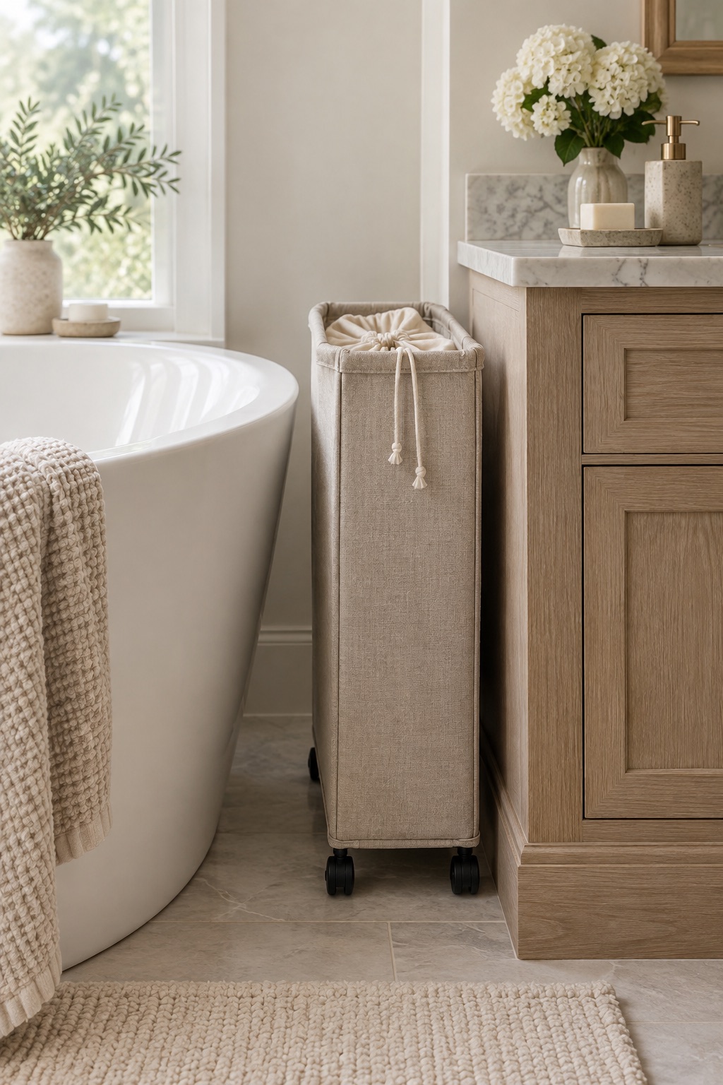 Narrow taupe rolling laundry cart between a bathtub and vanity
