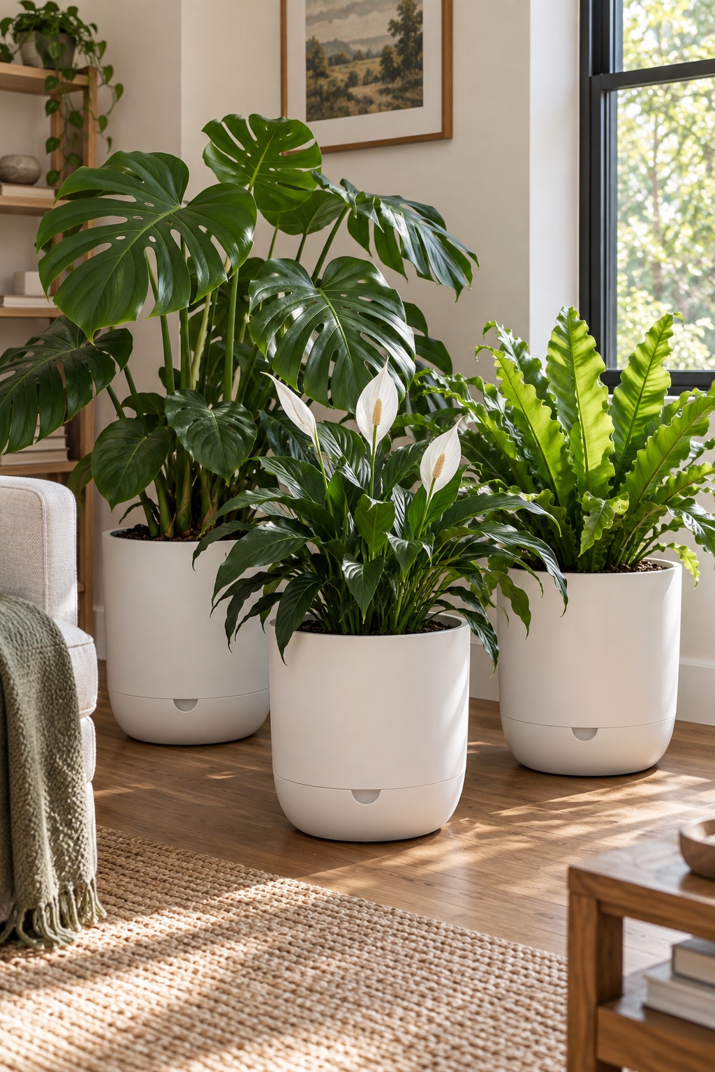 11 Self-Watering Planters for Indoor Herbs and Thirsty Houseplants Three large white self-watering planters with monstera, peace lily, and fern in a living room