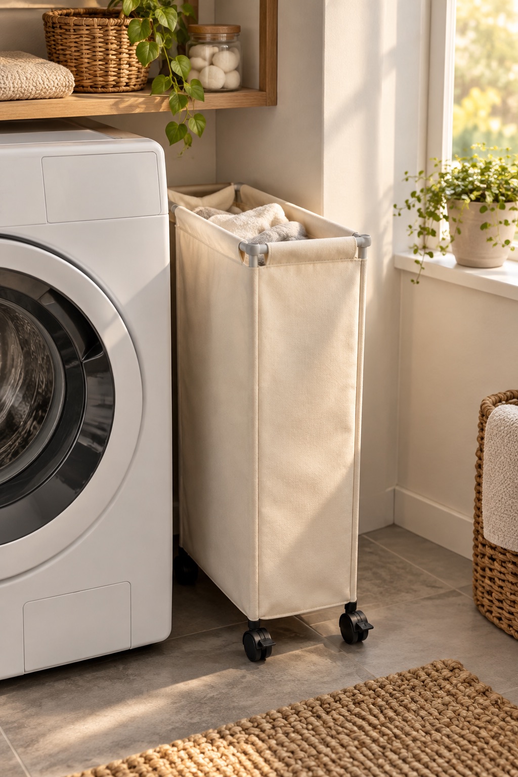 Cream rolling fabric basket beside a compact washer