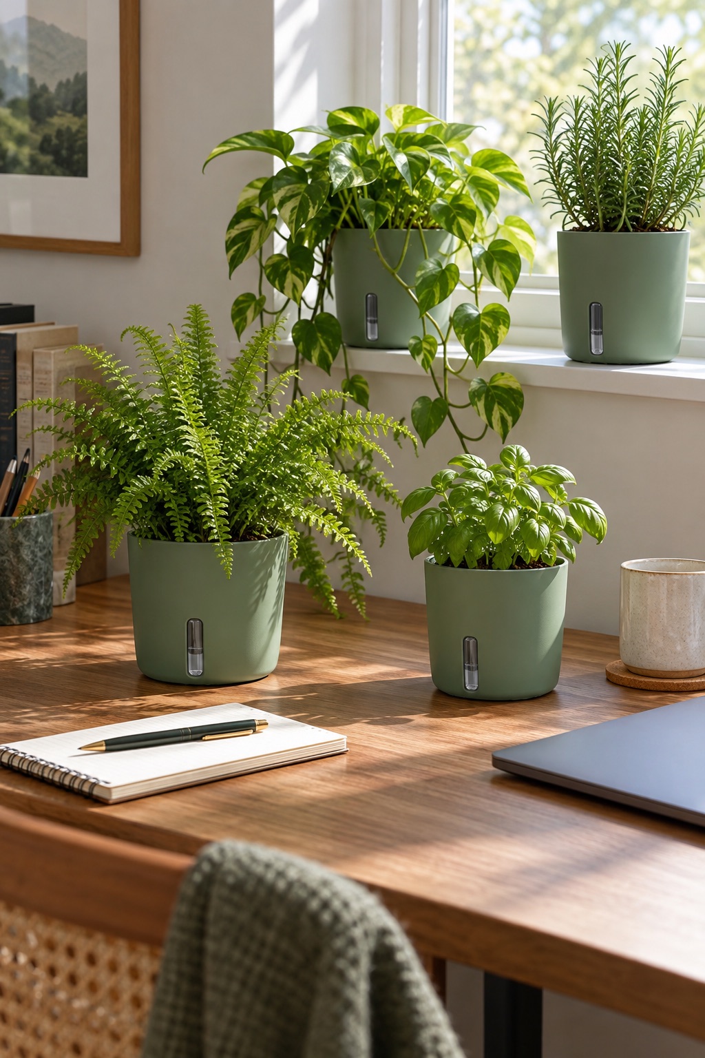 11 Self-Watering Planters for Indoor Herbs and Thirsty Houseplants Four compact green self-watering planters with ferns, pothos, and herbs in a home office