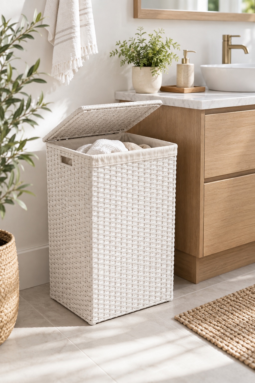Slim white woven laundry hamper with flip lid