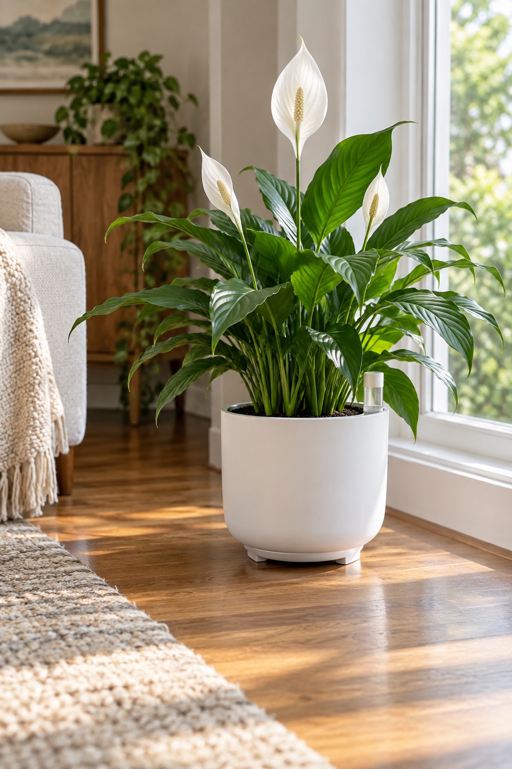 11 Self-Watering Planters for Indoor Herbs and Thirsty Houseplants Peace lily in a white self-watering and self-aerating round planter near a window