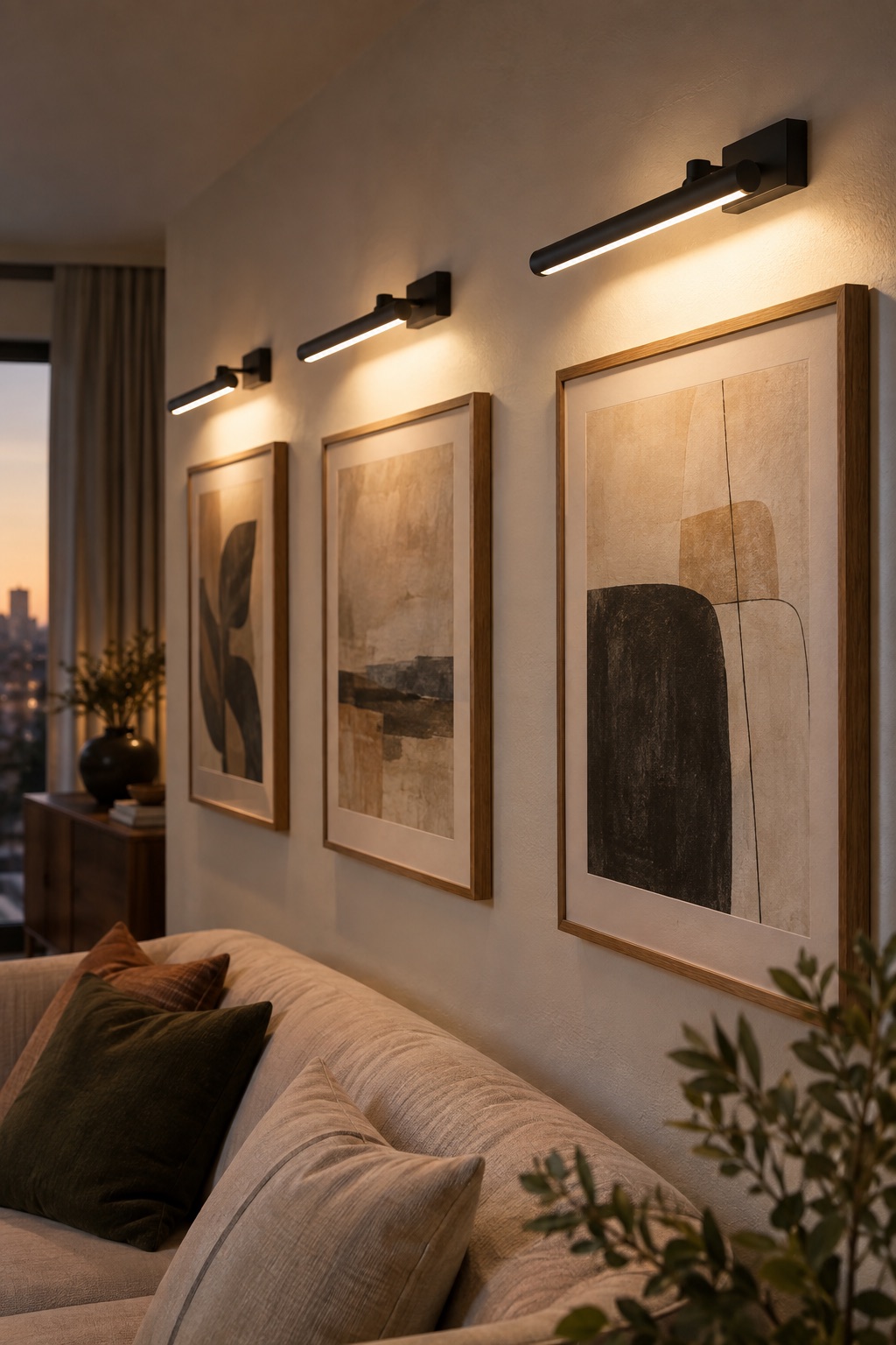 10 Rechargeable Picture Lights for Gallery Walls Without Hardwiring Three black cordless picture lights above framed art in a modern living room