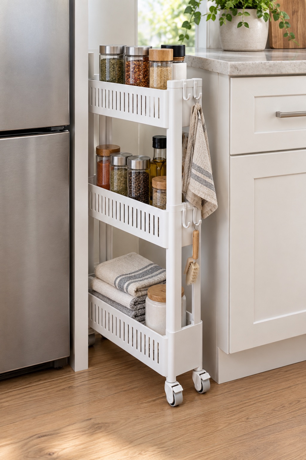 AI-generated visualization approximating the SPACEKEEPER three-tier slim cart in a narrow kitchen gap