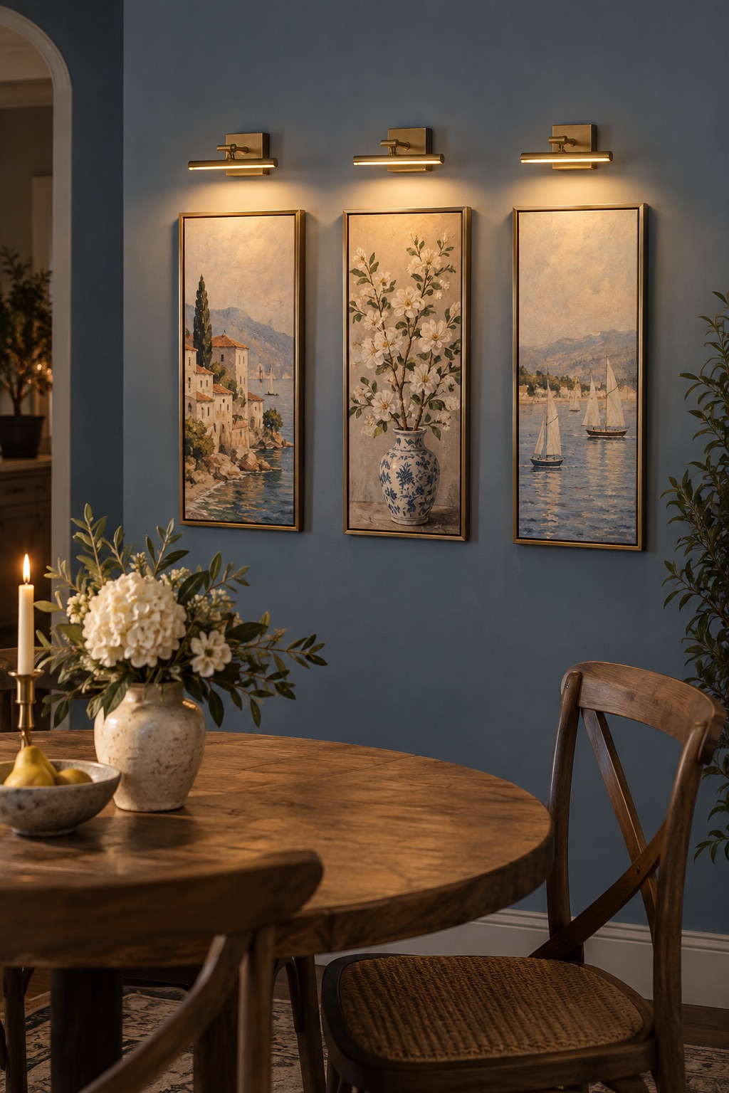 10 Rechargeable Picture Lights for Gallery Walls Without Hardwiring Three gold magnetic picture lights above narrow framed artworks