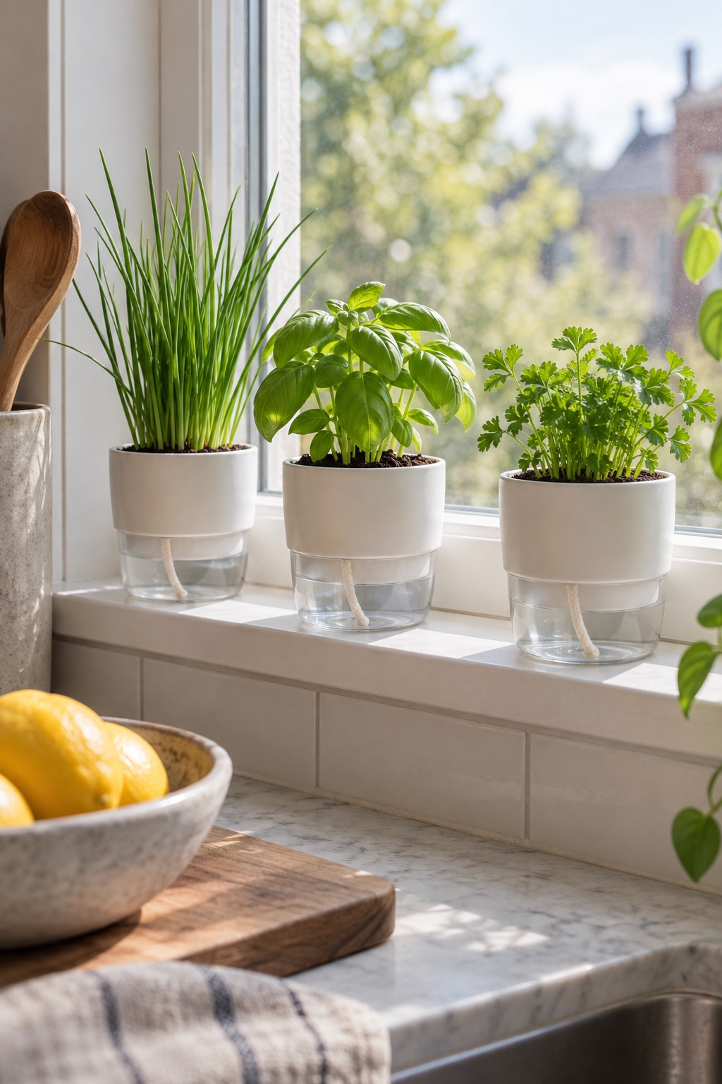 11 Self-Watering Planters for Indoor Herbs and Thirsty Houseplants Three tiny wick-style self-watering planters with chives, basil, and parsley on a kitchen windowsill