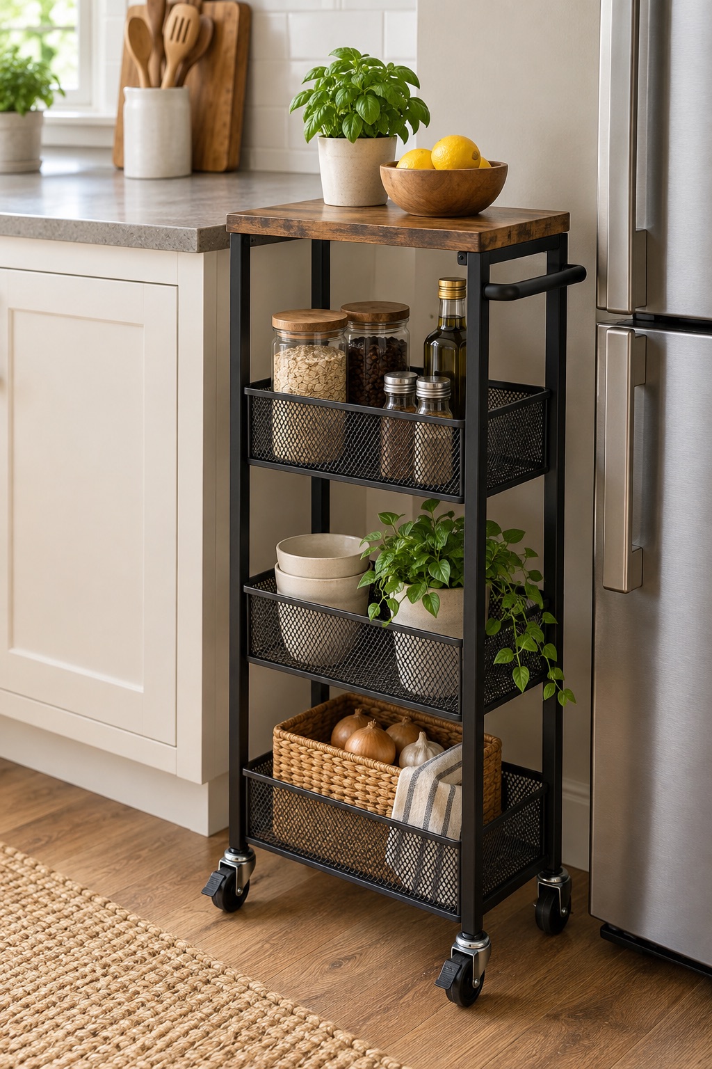 AI-generated visualization approximating the NANANARDOSO rustic four-tier cart in a compact kitchen