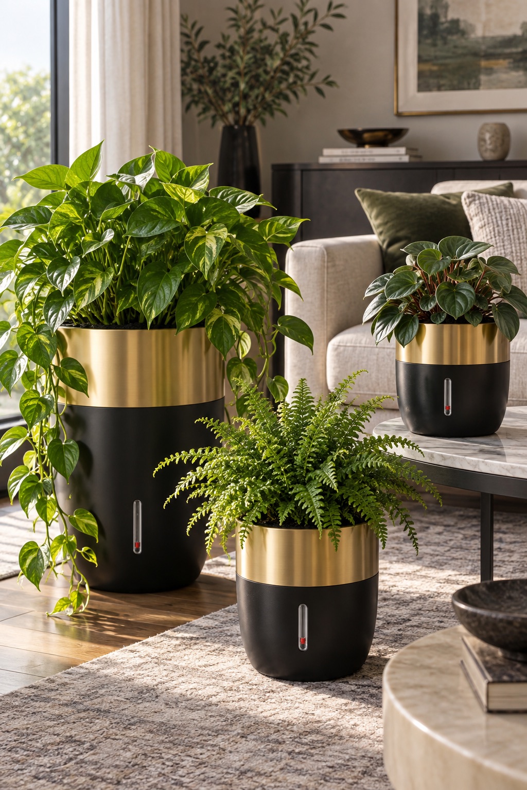 11 Self-Watering Planters for Indoor Herbs and Thirsty Houseplants Three modern gold and black self-watering planters with pothos, fern, and peperomia
