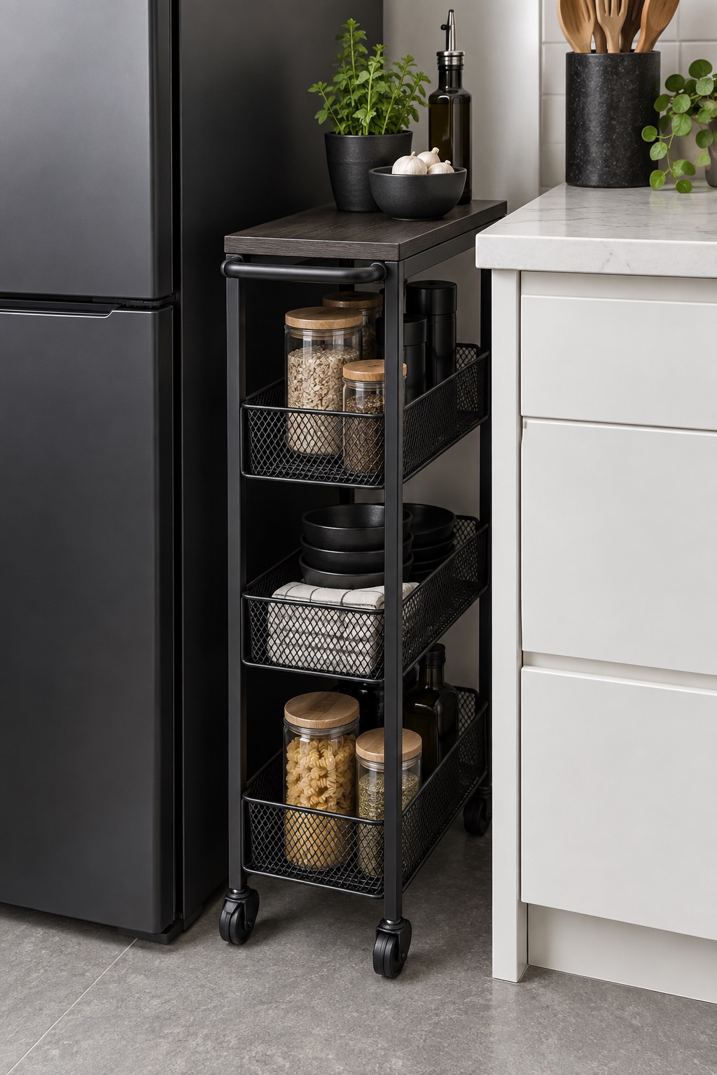 AI-generated visualization approximating the VASAGLE black four-tier slim cart in a kitchen gap