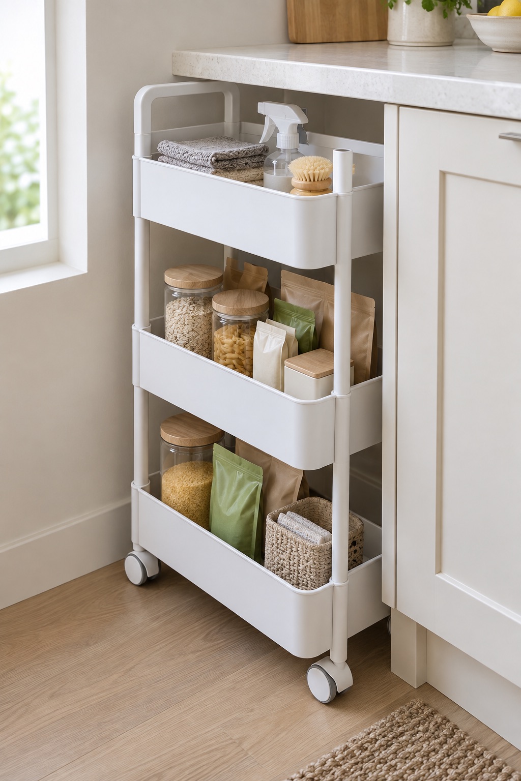 AI-generated visualization approximating the Sooyee white three-tier cart under a counter