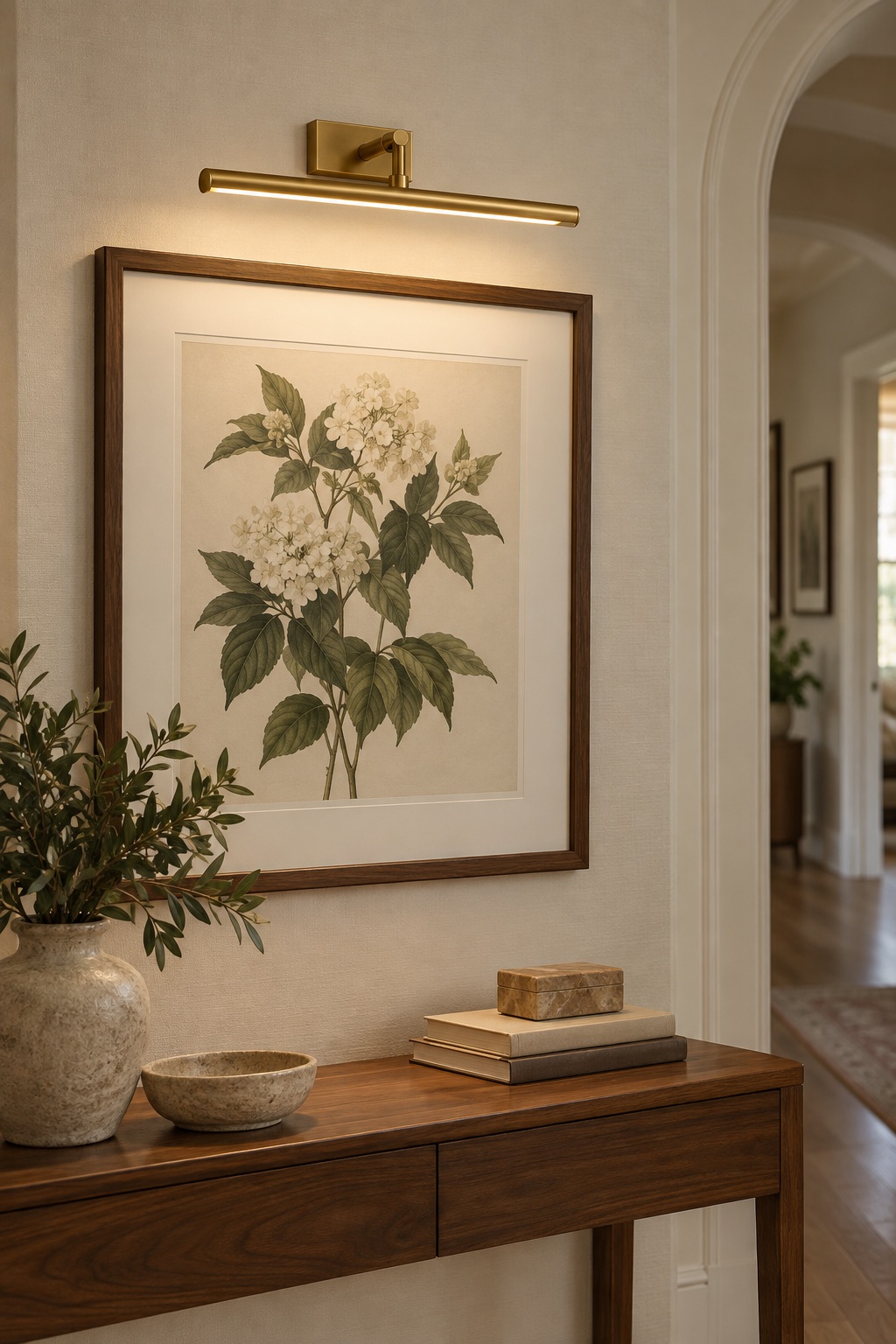 10 Rechargeable Picture Lights for Gallery Walls Without Hardwiring Gold cordless picture light illuminating a framed botanical print