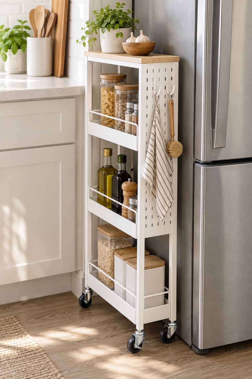 AI-generated visualization approximating the XYZLVSI four-tier slim cart beside a refrigerator