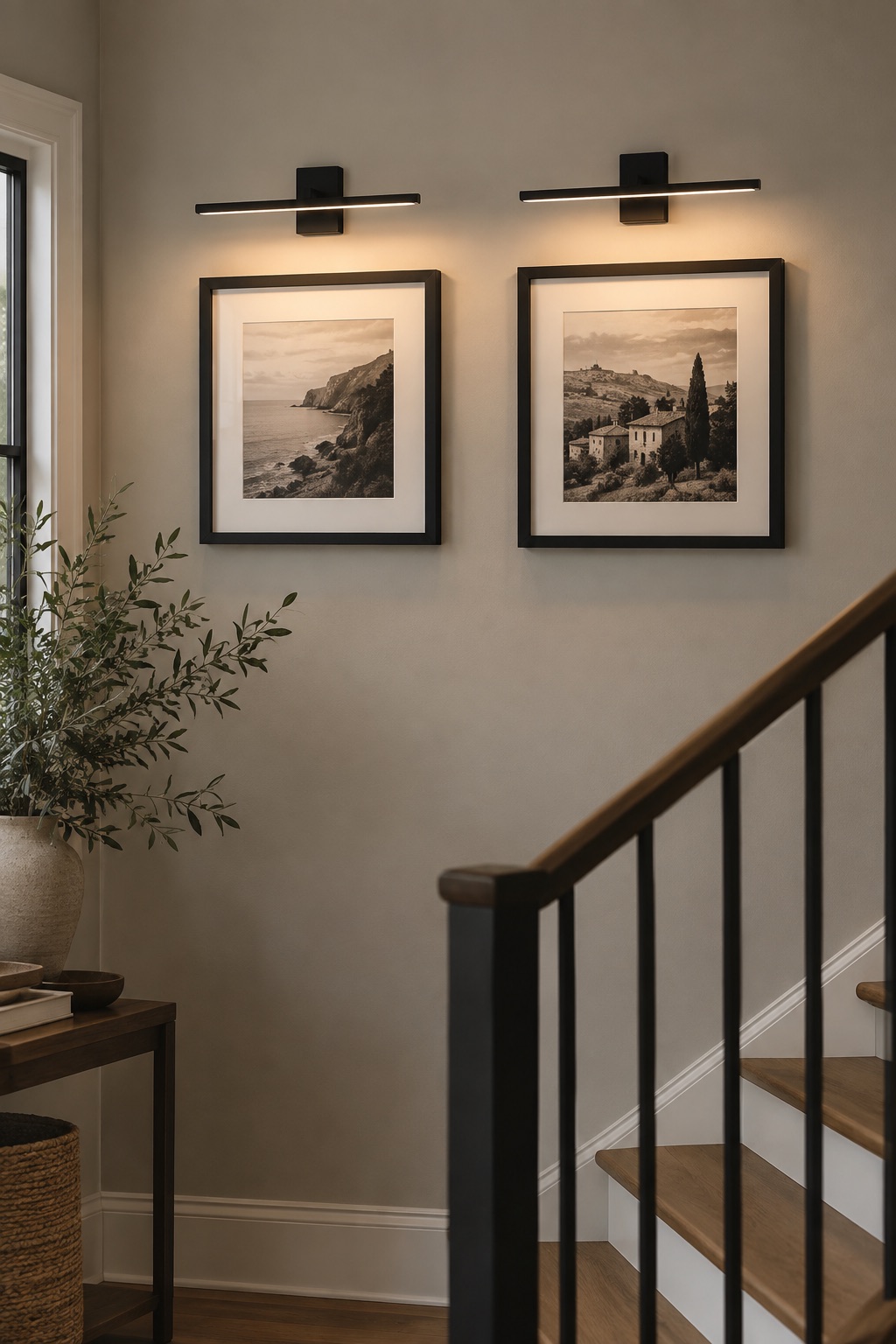 10 Rechargeable Picture Lights for Gallery Walls Without Hardwiring Two black rechargeable picture lights above photographs on a stair landing