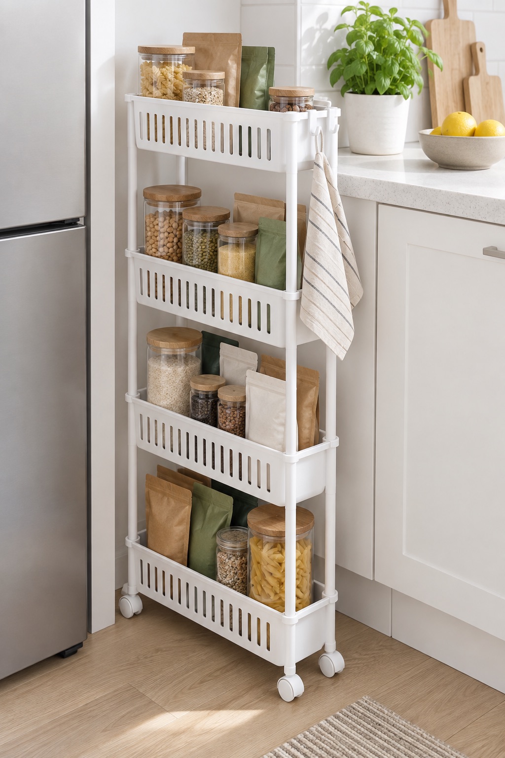 AI-generated visualization approximating the SPACEKEEPER four-tier slim cart in a small kitchen