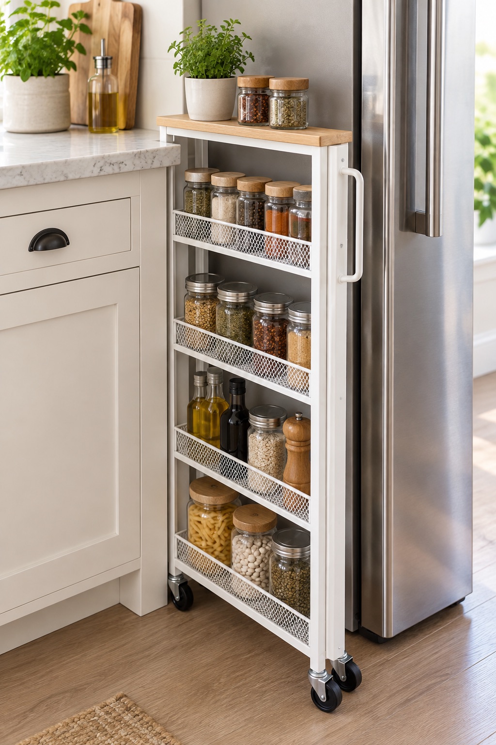 AI-generated visualization approximating the VASAGLE five-tier slim cart in a kitchen gap