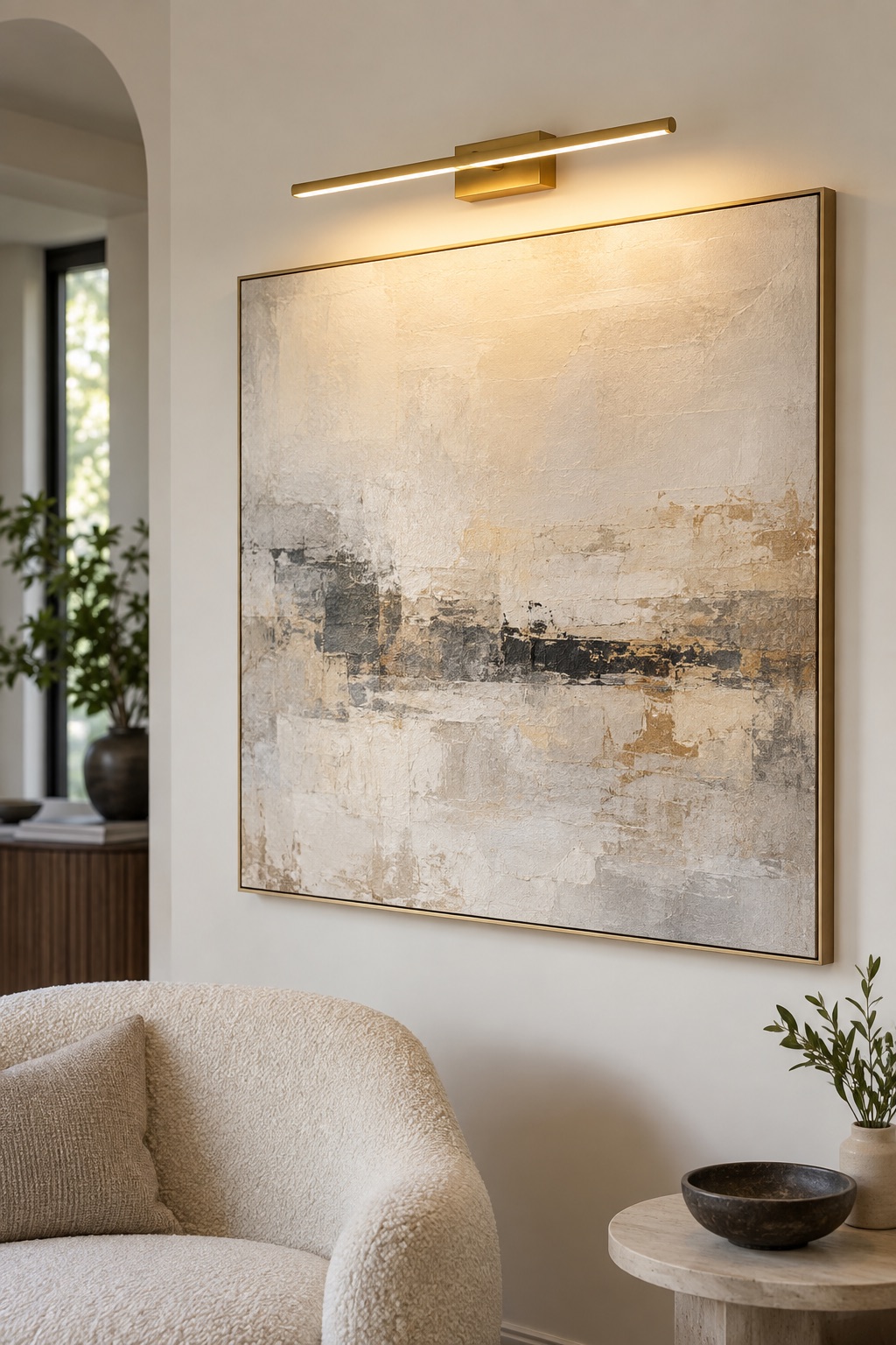 10 Rechargeable Picture Lights for Gallery Walls Without Hardwiring Brushed gold rechargeable picture light above a large abstract canvas