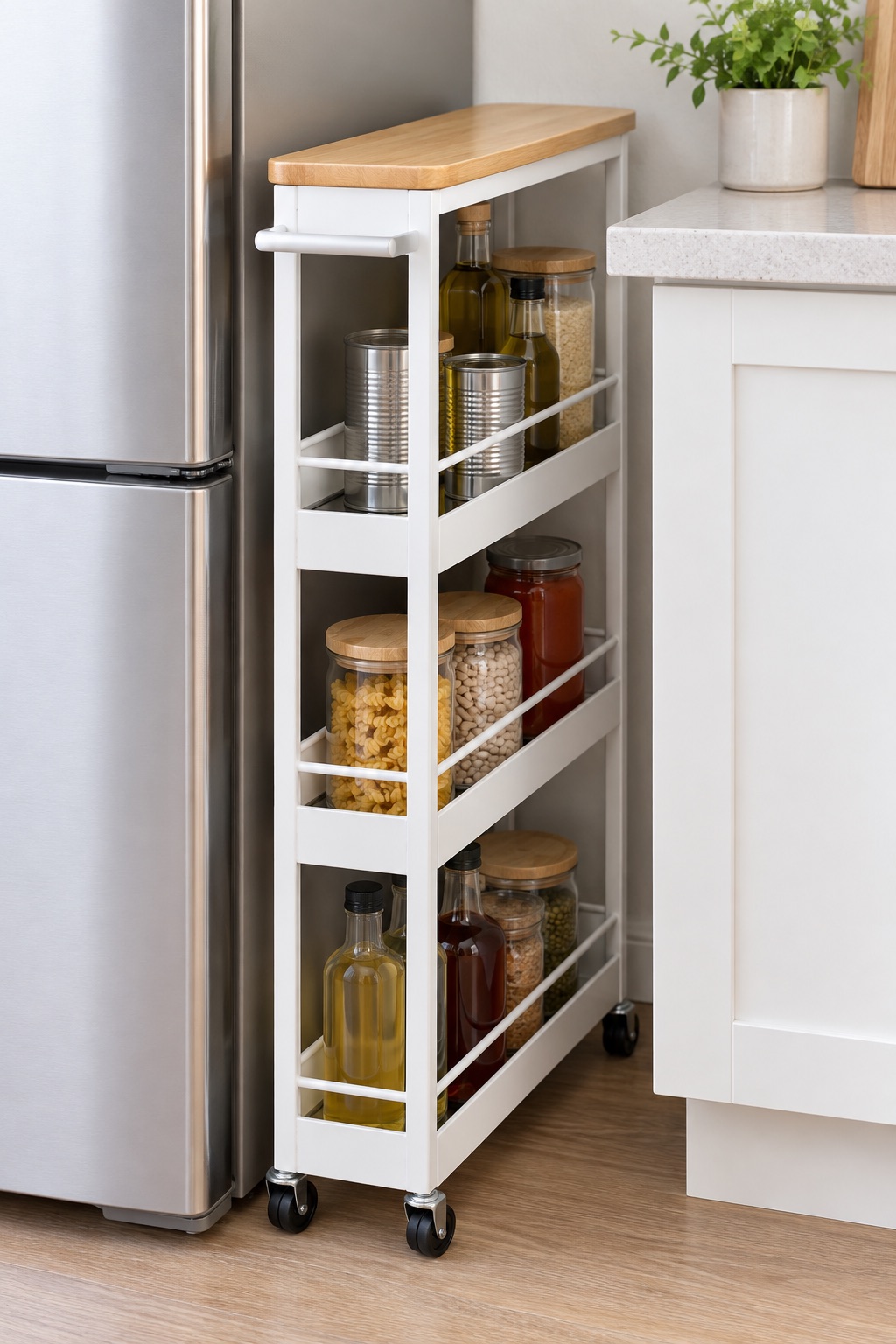AI-generated visualization approximating the KLM four-tier white slim cart beside kitchen cabinets