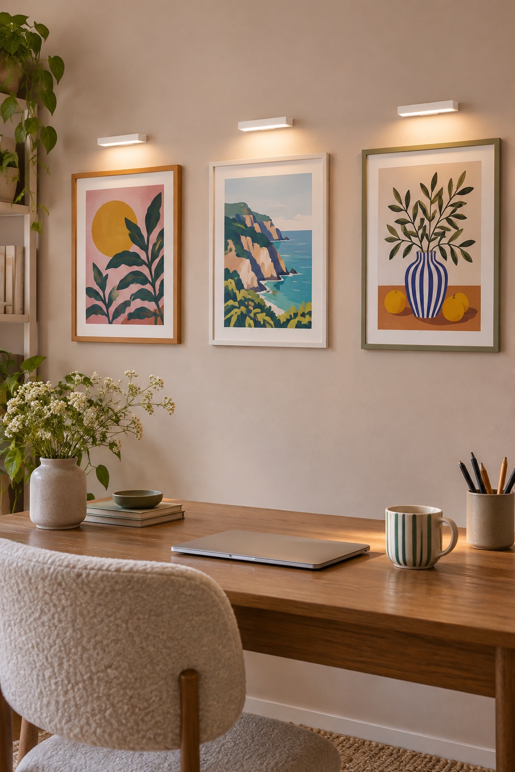 10 Rechargeable Picture Lights for Gallery Walls Without Hardwiring Three compact white magnetic picture lights above colorful framed prints