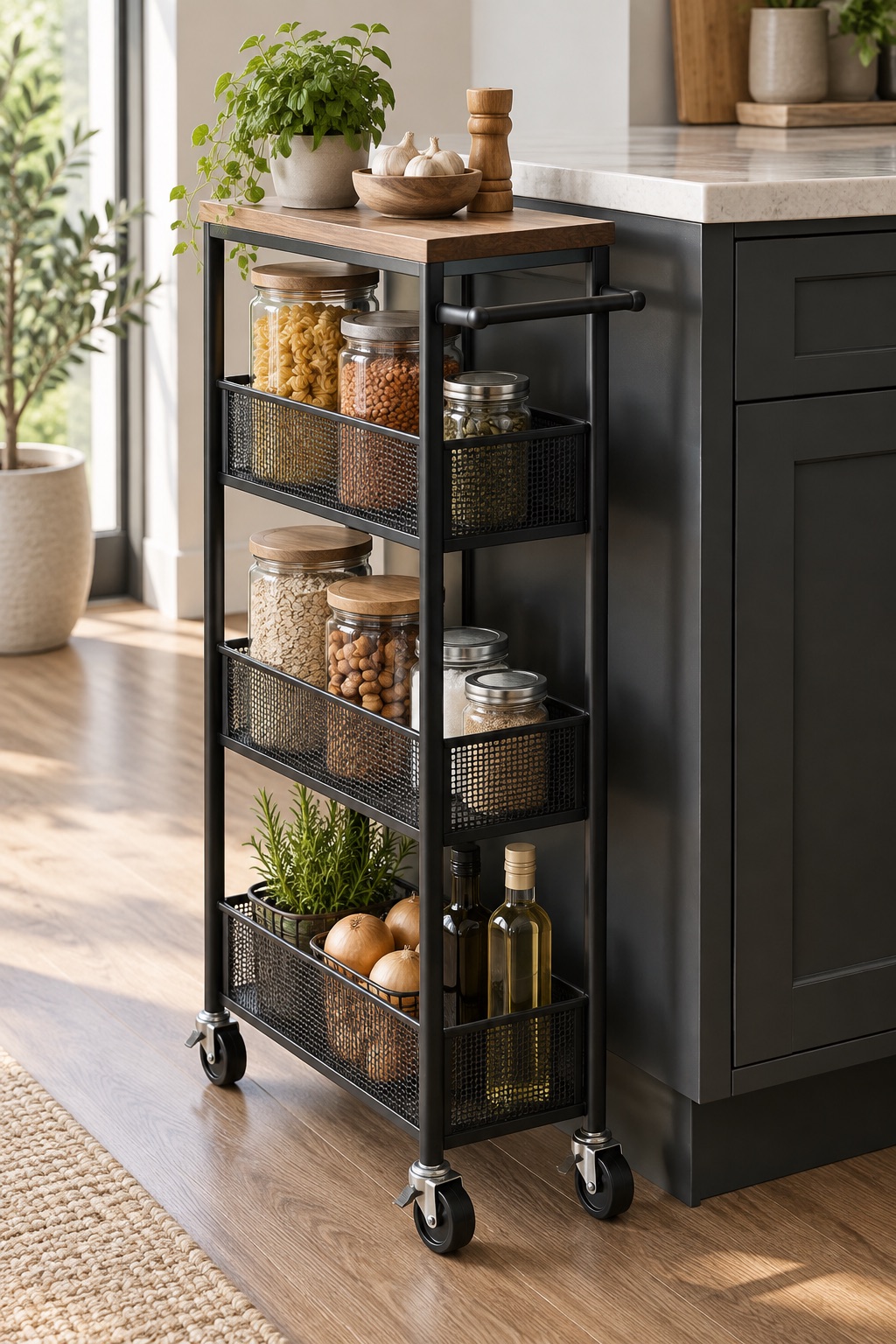 AI-generated visualization approximating the Vivihomety 7.1-inch four-tier cart in a compact kitchen