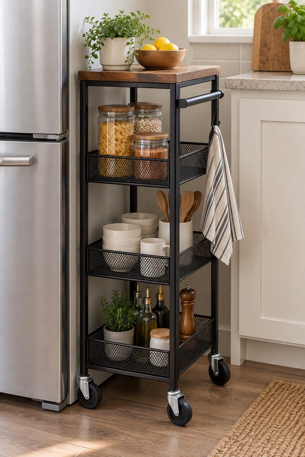 AI-generated visualization approximating the OKZEST four-tier narrow cart beside an appliance