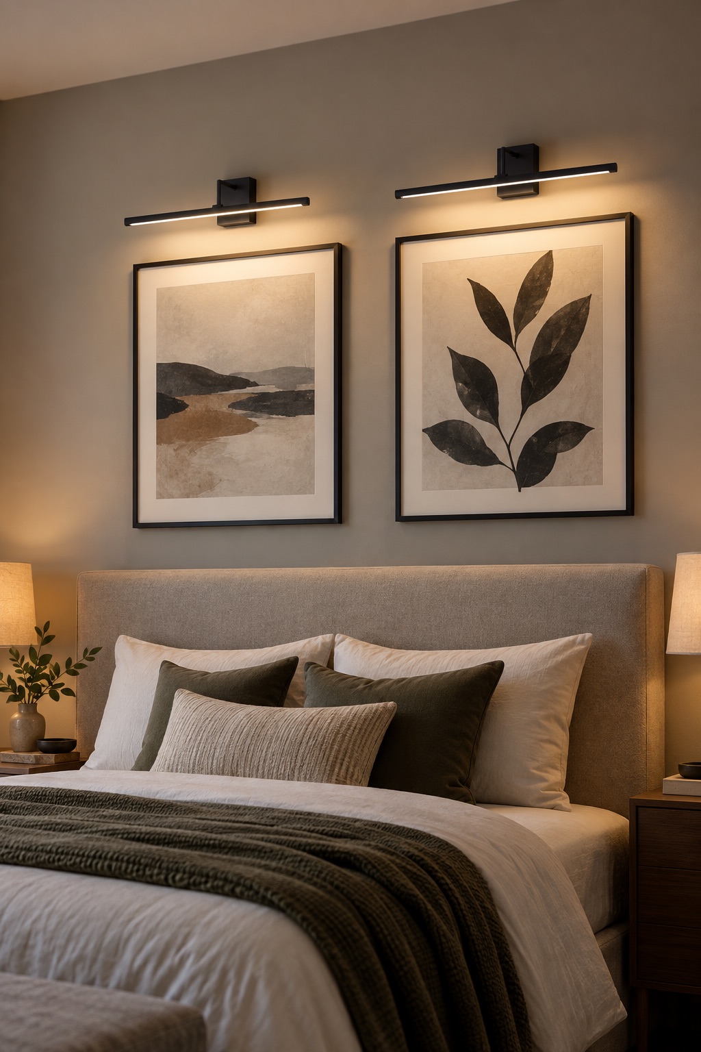 10 Rechargeable Picture Lights for Gallery Walls Without Hardwiring Two black wireless picture lights above framed bedroom art
