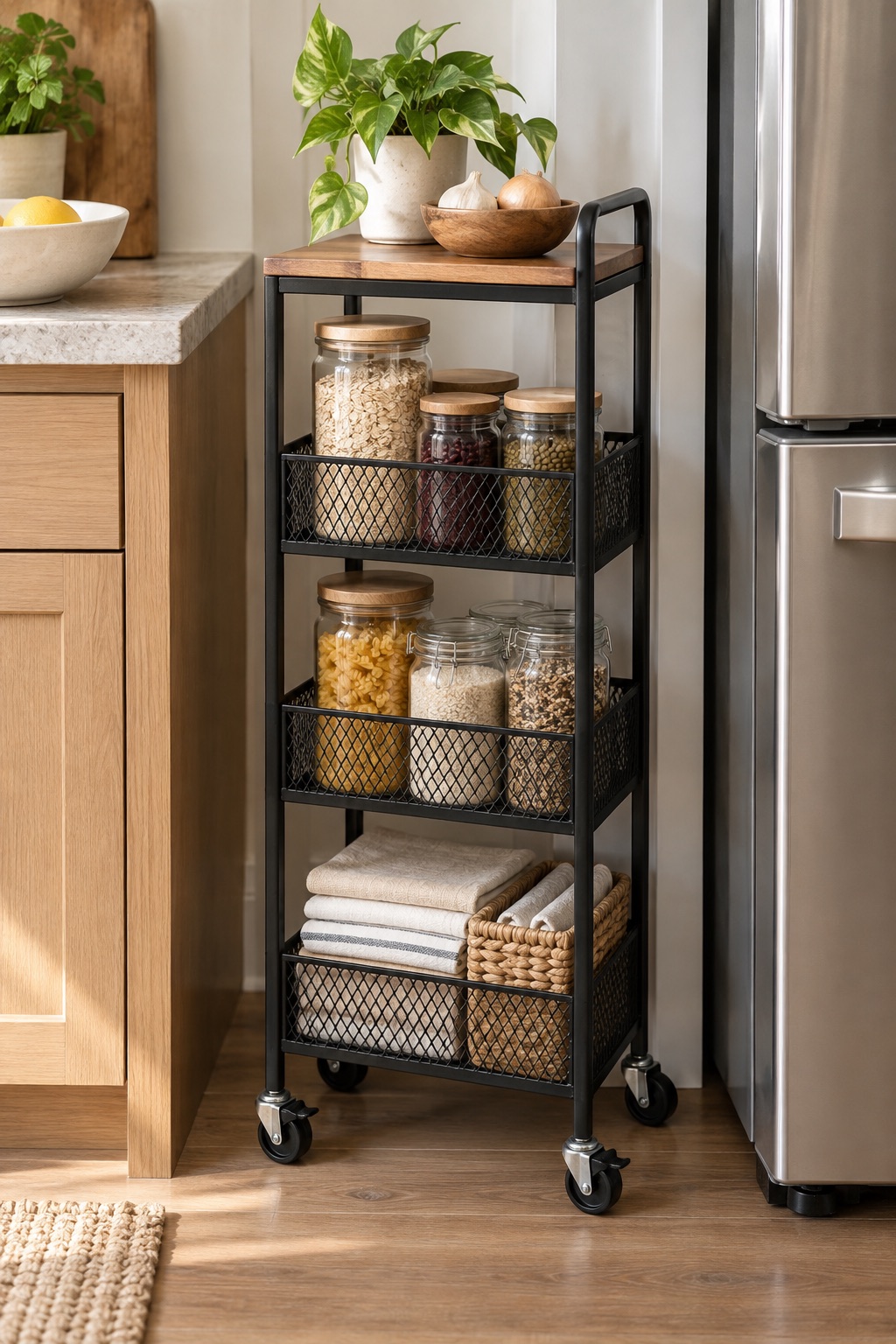 AI-generated visualization approximating the Vivihomety 8.1-inch cart in a pantry gap