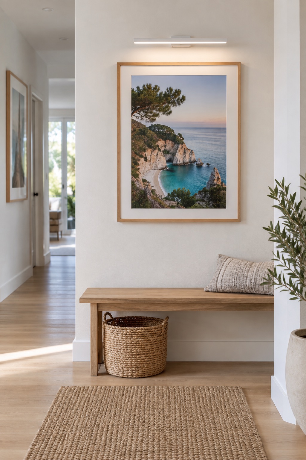 10 Rechargeable Picture Lights for Gallery Walls Without Hardwiring White rechargeable picture light above a framed coastal photograph