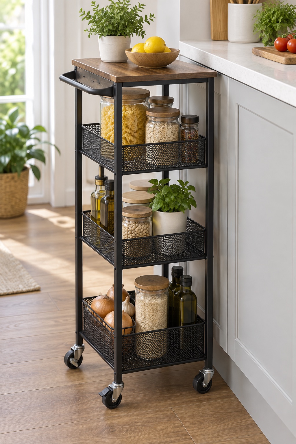 AI-generated visualization approximating the Vincona 7.1-inch cart beside cabinetry