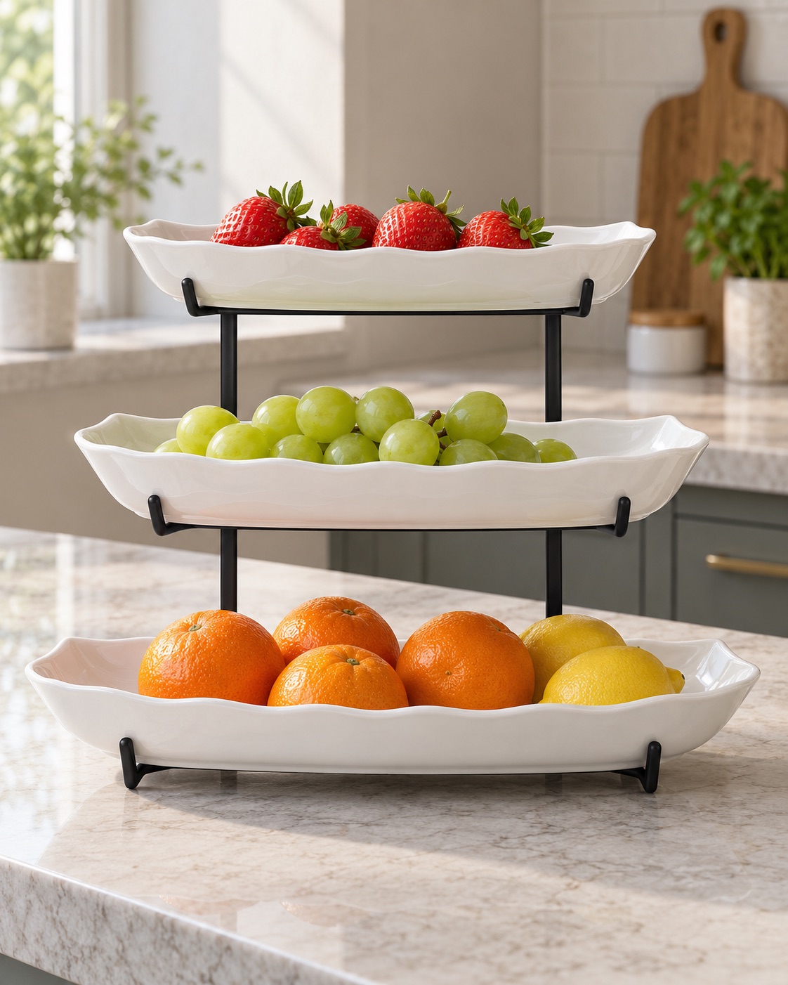 Three white ceramic fruit bowls on a black metal stand