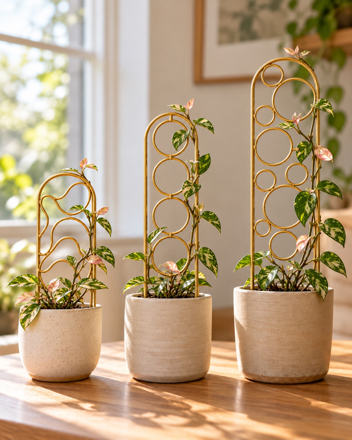 AI-generated visualization approximating three gold Mirthdino trellises in small indoor pots