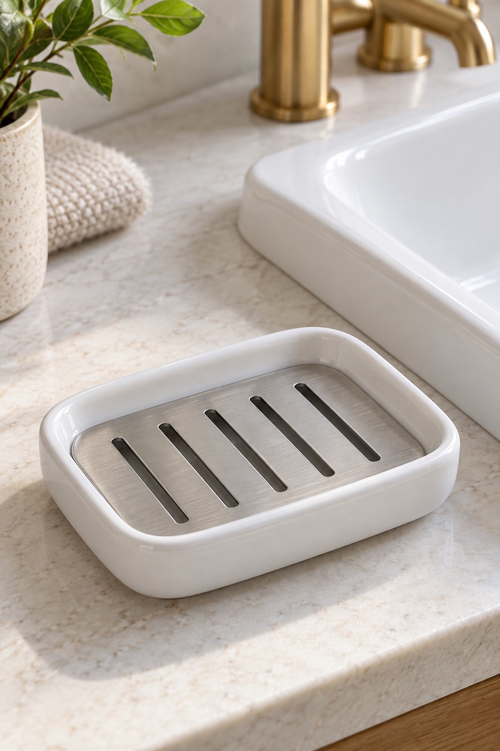 AI-generated visualization approximating the design of the Passionier Ceramic Soap Dish with Stainless-Steel Insert, White beside a guest-bathroom sink.