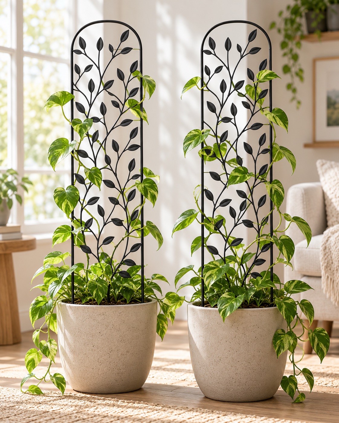 AI-generated visualization approximating two black Coomin botanical trellises with vining plants