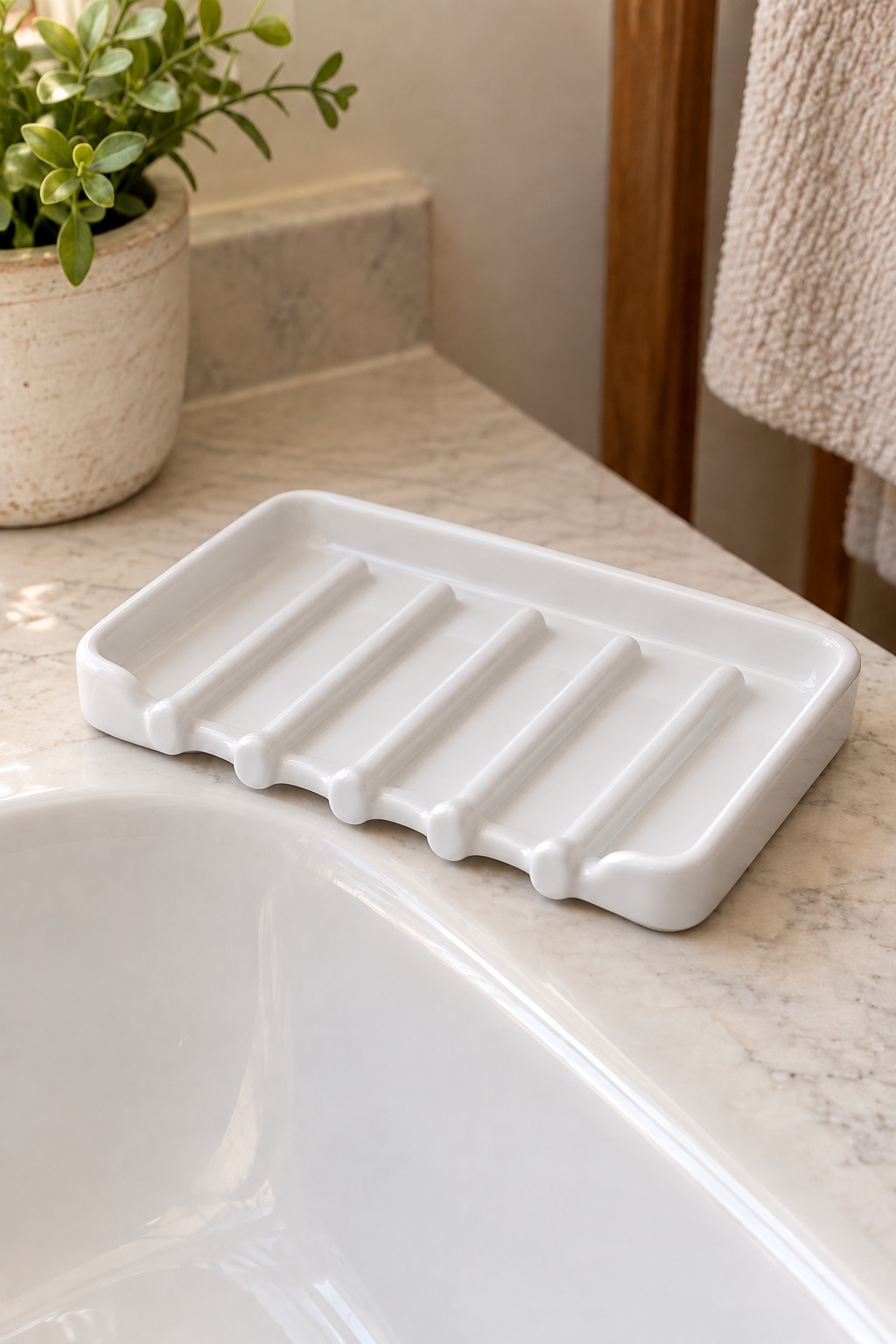 AI-generated visualization approximating the design of the Flioriel Self-Draining Ceramic Soap Dish, White beside a guest-bathroom sink.