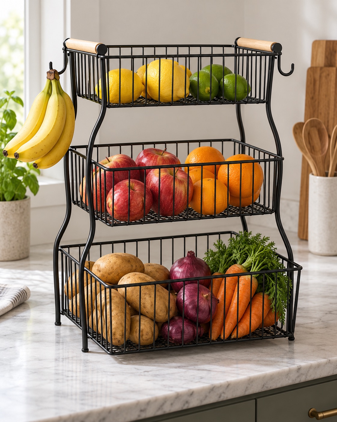Three-tier black wire produce basket with wooden handles and side hooks