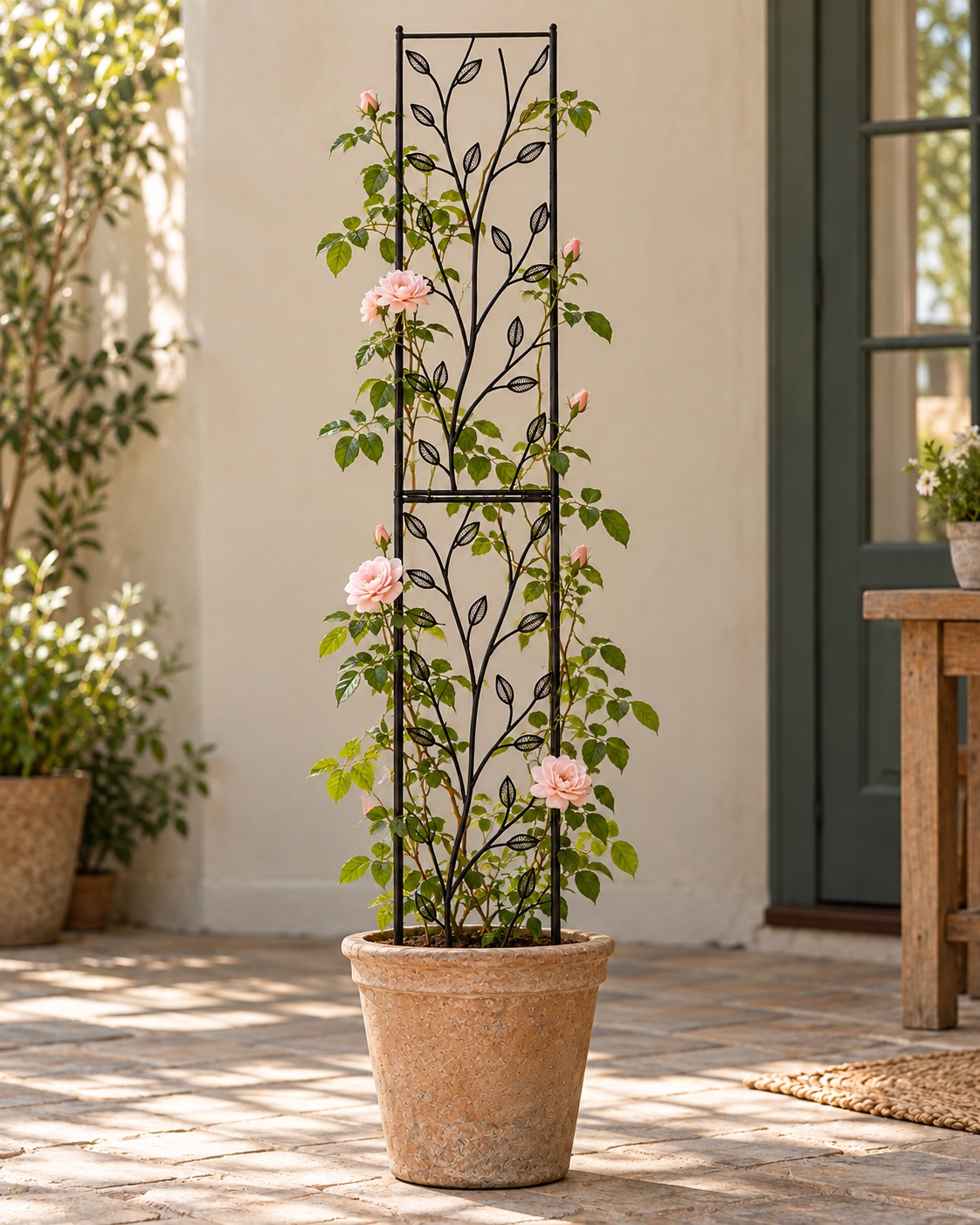 AI-generated visualization approximating two stacked Yhtpouqe botanical trellis panels