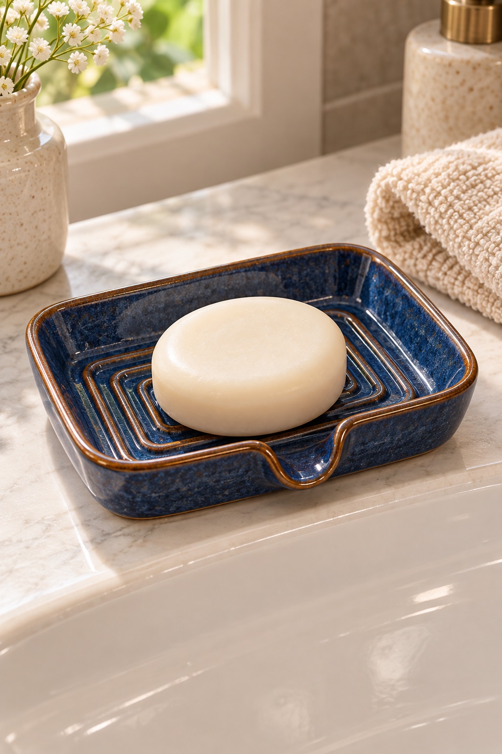 AI-generated visualization approximating the design of the Zoeeker Rectangular Ceramic Soap Dish with Drain Spout, Blue beside a guest-bathroom sink.