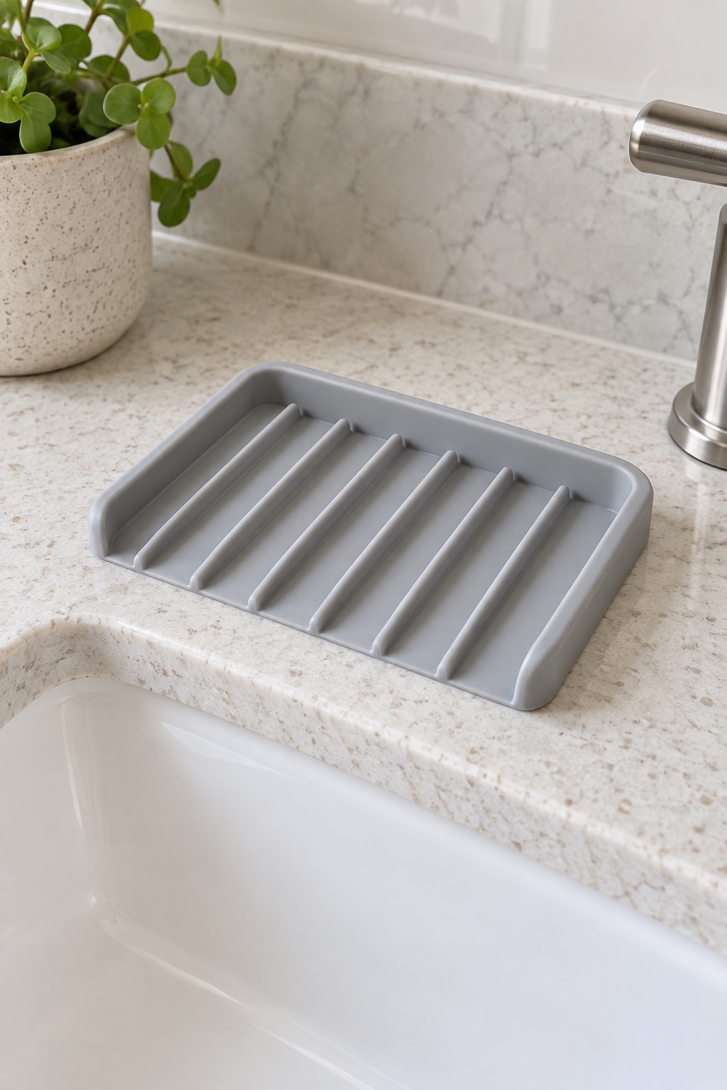 AI-generated visualization approximating the design of the Kraus KDM-05LG Self-Draining Silicone Soap Dish, Light Grey beside a guest-bathroom sink.