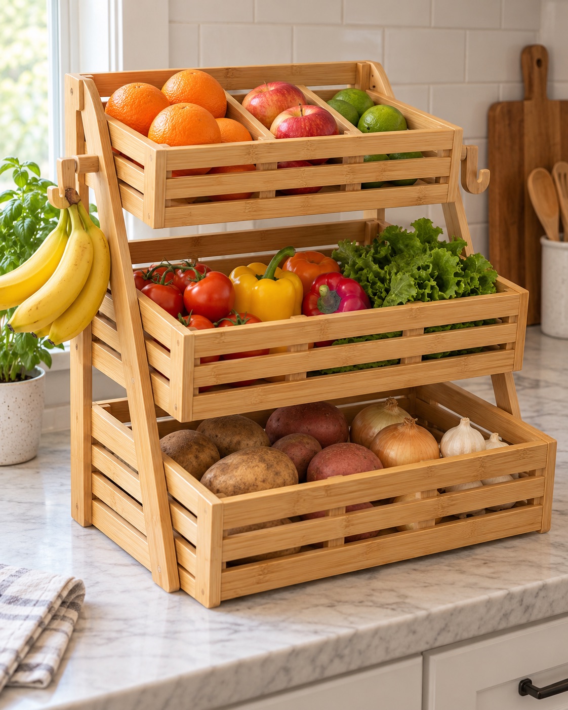 Three stacked bamboo produce crates with side hooks