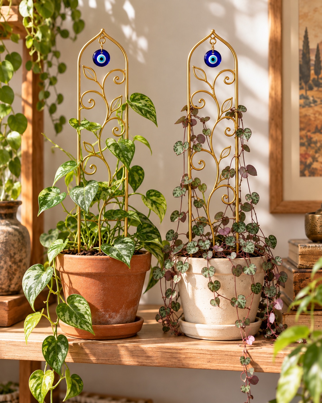 AI-generated visualization approximating two gold Slepceub evil eye plant trellises