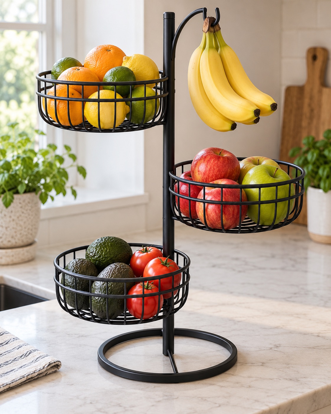 Three staggered round black wire fruit baskets on a central stand